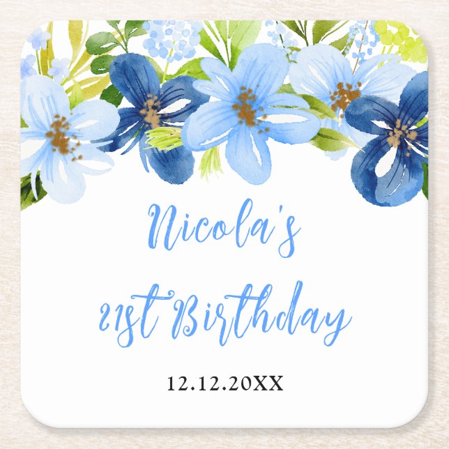 Dessous-de-verre Carré En Papier Navy and Baby Blue Floral Birthday (Devant)