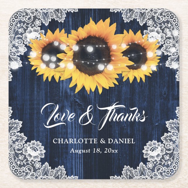 Dessous-de-verre Carré En Papier Navy Blue Wood Lace Sunflower Wedding Thank You (Devant)