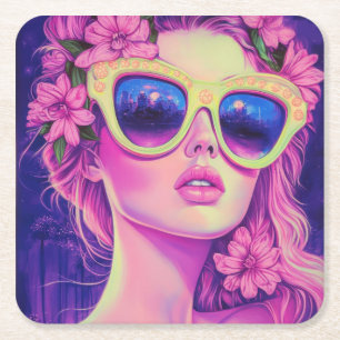 Dessous-de-verre Carré En Papier Neon Dream Girl avec lunettes de soleil florales