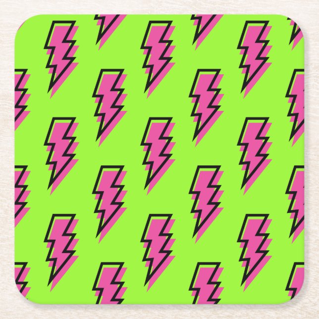 Dessous-de-verre Carré En Papier Neon Green & Pink Lightning Motif des années 80/90 (Devant)
