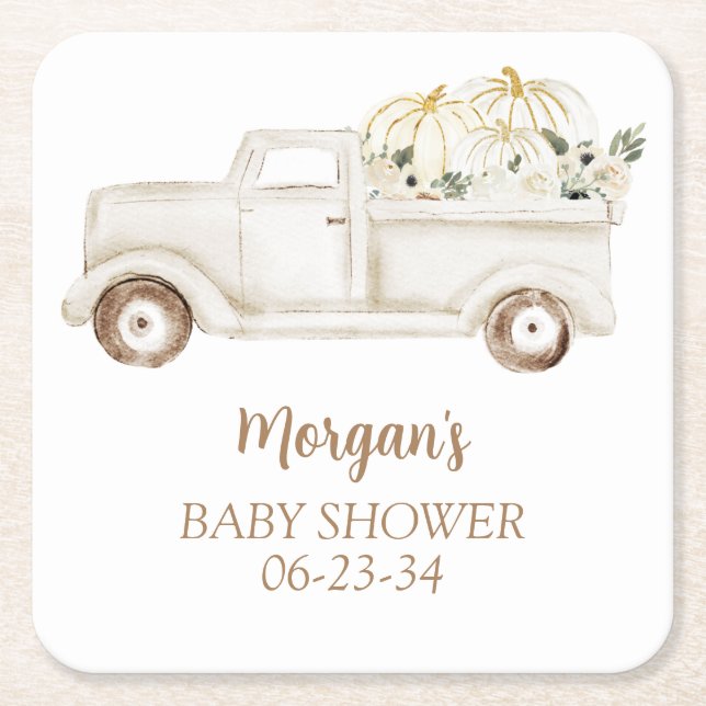 Dessous-de-verre Carré En Papier Neutre Beige Petit Citrouille Baby shower mignon (Devant)