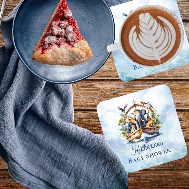Dessous-de-verre Carré En Papier Noah's Ark Cute Animals Blue Boy Baby shower (Noah's Ark Cute Animals Blue Boy Baby Shower Coaster)