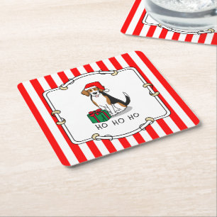 Dessous-de-verre Carré En Papier Noël Beagle de chapeau de Noël (tri couleur 3) Chi