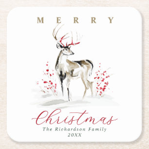 Dessous-de-verre Carré En Papier Noël Cerf Aquarelle Rustique Élégant