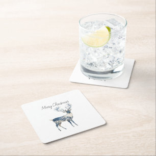 Dessous-de-verre Carré En Papier Noël Cerf Blanc Bleu Nordique