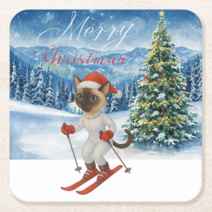 Dessous-de-verre Carré En Papier Noël de ski pour Père Noël Amoureux de les chats s