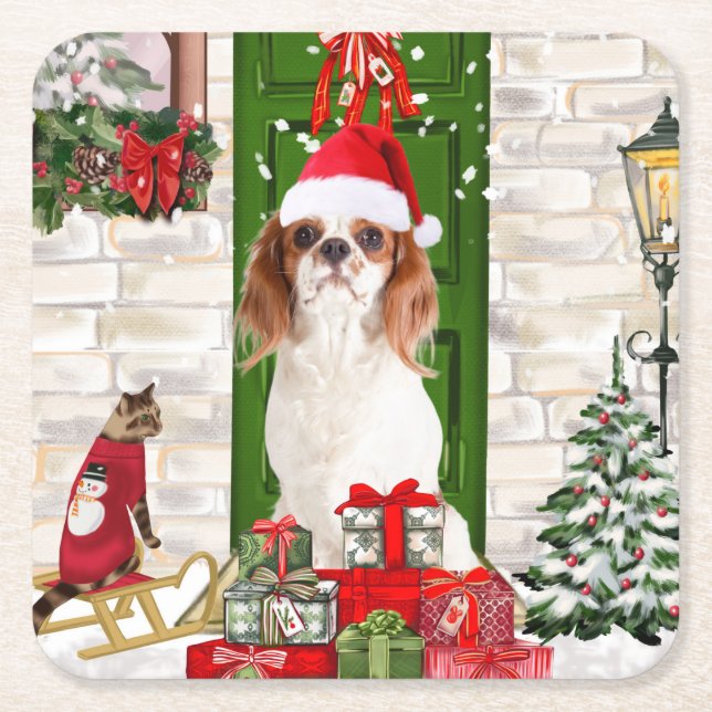 Dessous-de-verre Carré En Papier Noël du chien Cavalier King (Devant)
