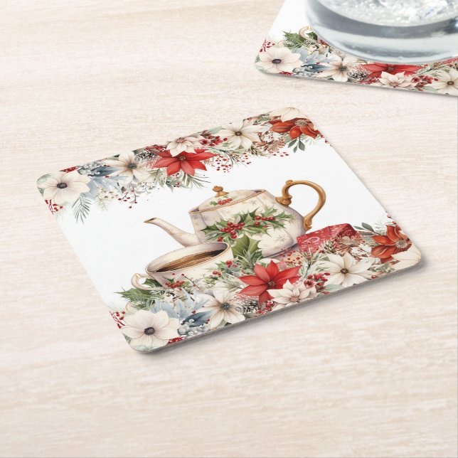 Dessous-de-verre Carré En Papier Noël Floral Tea Fête (Incliné)