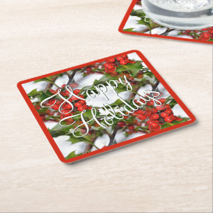 Dessous-de-verre Carré En Papier Noël Holiday Holly Feuilles Red Berries Motif
