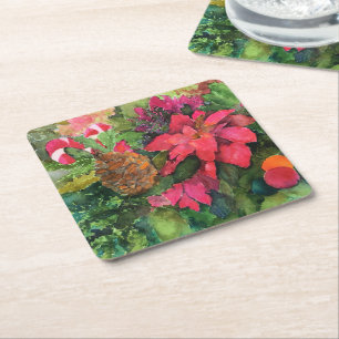 Dessous-de-verre Carré En Papier Noel Poinsettia peinture aquarelle originale