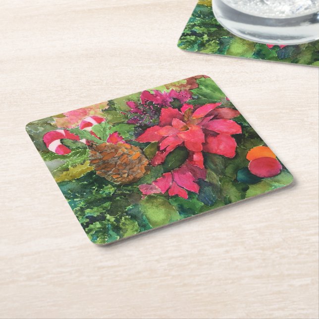 Dessous-de-verre Carré En Papier Noel Poinsettia peinture aquarelle originale (Incliné)