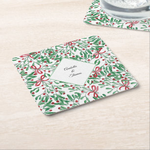 Dessous-de-verre Carré En Papier Noël Rustique Gui Aquarelle Peinte à la main