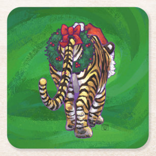 Dessous-de-verre Carré En Papier Noël Tigre Sur Vert