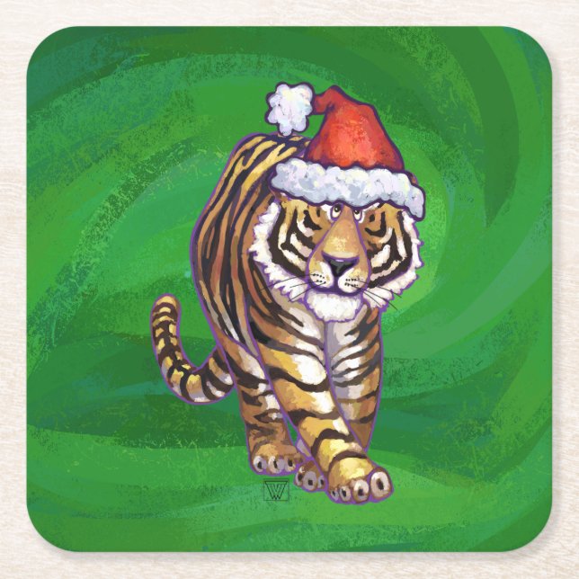 Dessous-de-verre Carré En Papier Noël Tigre Sur Vert (Devant)
