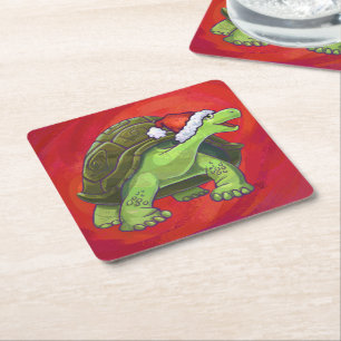 Dessous-de-verre Carré En Papier Noël Tortue Sur Rouge