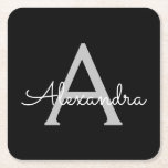 Dessous-de-verre Carré En Papier Noir Argent moderne Script Girl Monogramme Nom<br><div class="desc">Dessous de verre en papier noir et argent simple Script Monogramme Nom. Cela fait le cadeau parfait de remise de diplômes,  anniversaire,  mariage,  douche nuptiale,  anniversaire,  baby shower ou bachelorette pour quelqu'un qui aime le luxe glam et les styles chic.</div>