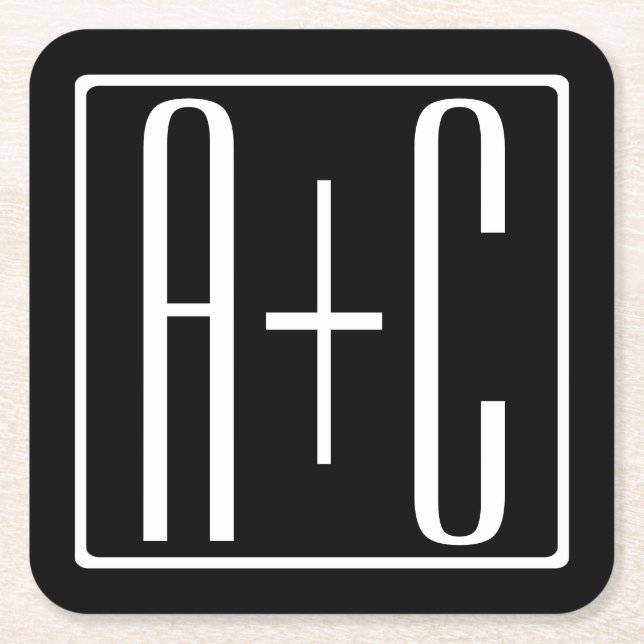 Dessous-de-verre Carré En Papier Noir & Blanc | Initiales de couple (Devant)