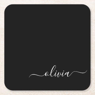 Dessous-de-verre Carré En Papier Noir Blanc moderne Script Girl Monogramme Nom