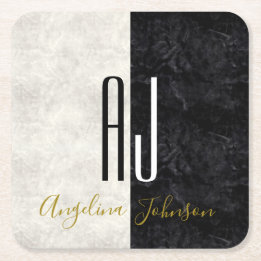 Dessous-de-verre Carré En Papier Noir et Marbre blanc Monogramme