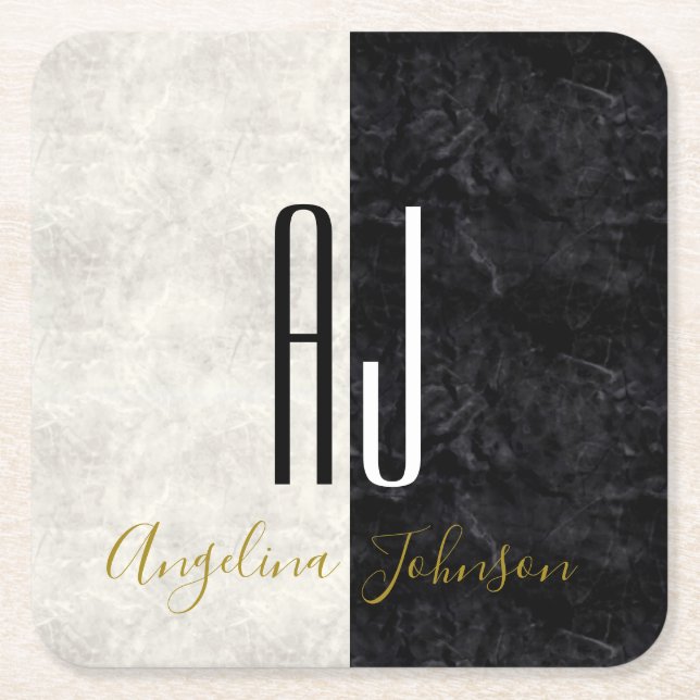 Dessous-de-verre Carré En Papier Noir et Marbre blanc Monogramme (Devant)