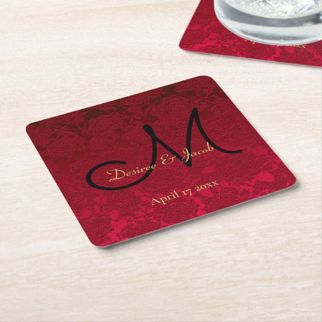 Dessous-de-verre Carré En Papier Noir rouge Noir Noël Mariage d'hiver Monogramme (Incliné)