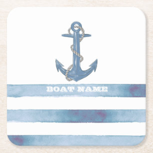 Dessous-de-verre Carré En Papier Nom de bateau nautique, Ancre, Corde, Rayures bleu