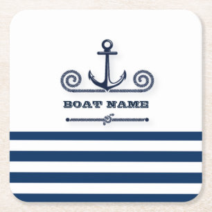 Dessous-de-verre Carré En Papier Nom de bateau nautique,Ancre,Corde, Rayures bleu m