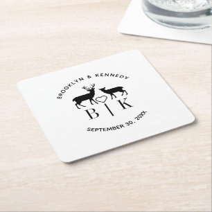 Dessous-de-verre Carré En Papier Nom de couple Cerf Monogramme Mariage rustique de 