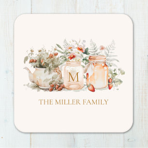Dessous-de-verre Carré En Papier Nom de famille botanique floral de forêt monogramm
