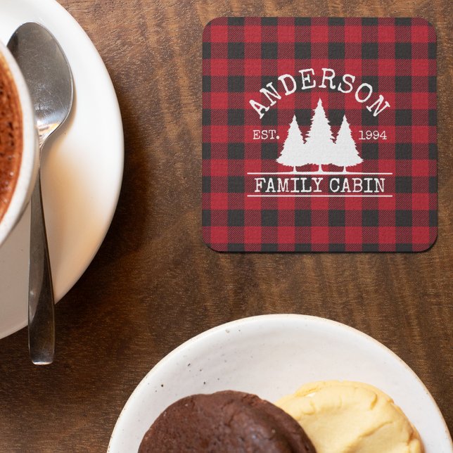 Dessous-de-verre Carré En Papier Nom de famille du cabine Red Buffalo Plaid (Customize to change text size or text style.)