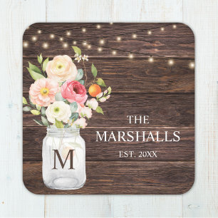 Dessous-de-verre Carré En Papier Nom de famille Monogramme Fleur Jar Mason Rustique