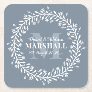 Dessous-de-verre Carré En Papier Nom du monogramme de couronne de couple bleu marié