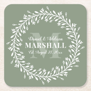 Dessous-de-verre Carré En Papier Nom du monogramme de couronne de couple vert marié