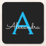 Dessous-de-verre Carré En Papier Nom du monogramme de la fille en noir bleu<br><div class="desc">Dessous de verre en papier de nom Monogramme simple noir et bleu. Cela fait le cadeau parfait de remise de diplômes,  anniversaire,  mariage,  douche nuptiale,  anniversaire,  baby shower ou bachelorette pour quelqu'un qui aime le luxe glam et les styles chic.</div>