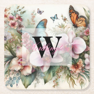 Dessous-de-verre Carré En Papier Nom du monogramme Fleurs tropicales Aquarelle feui