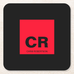 Dessous-de-verre Carré En Papier Nom du monogramme Noir Rouge Créer un cadeau perso