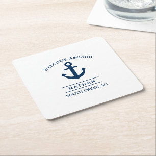 Dessous-de-verre Carré En Papier Nom du monogramme personnalisé Marine Blue Welcome