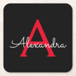 Dessous-de-verre Carré En Papier Nom du monogramme rouge noir de la fille<br><div class="desc">Dessous de verre en papier noir et rouge simple Script Monogramme Nom. Cela fait le cadeau parfait de remise de diplômes,  anniversaire,  mariage,  douche nuptiale,  anniversaire,  baby shower ou bachelorette pour quelqu'un qui aime le luxe glam et les styles chic.</div>