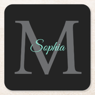 Dessous-de-verre Carré En Papier Nom en écriture sarcelle, grand monogramme gris su