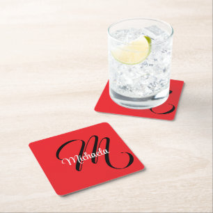 Dessous-de-verre Carré En Papier Nom initial minimaliste moderne monogramme rouge