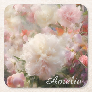 Dessous-de-verre Carré En Papier Nom Peinture Aquarelle Pivoines Blanches et Roses