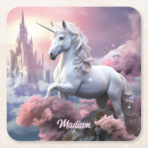 Dessous-de-verre Carré En Papier Nom personnalisé belle licorne