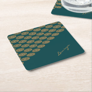 Dessous-de-verre Carré En Papier Nom personnalisé floral brun sur vert pin