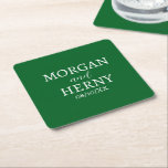 DESSOUS-DE-VERRE CARRÉ EN PAPIER NOM PERSONNALISÉ MARIAGE MODERNE ÉLÉGANT VERT FONC<br><div class="desc">NOM PERSONNALISÉ MARIAGE MODERNE ÉLÉGANT VERT FONCÉ SOUS-TASSE EN PAPIER.</div>
