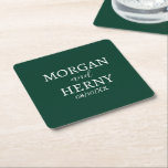 DESSOUS-DE-VERRE CARRÉ EN PAPIER NOM PERSONNALISÉ MARIAGE MODERNE ÉLÉGANT VERT FONC<br><div class="desc">NOM PERSONNALISÉ MARIAGE MODERNE ÉLÉGANT SERVIETTES VERT FONCÉ SOUS-VERRE EN PAPIER COULEUR.</div>