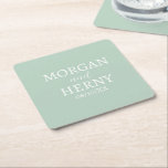 DESSOUS-DE-VERRE CARRÉ EN PAPIER NOM PERSONNALISÉ STYLE MODERNE PÂLE VERT MARIAGE<br><div class="desc">NOM PERSONNALISÉ STYLE MODERNE ÉLÉGANT MARIAGE COULEUR VERT PÂLE SOUS-VERE.</div>