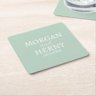 DESSOUS-DE-VERRE CARRÉ EN PAPIER NOM PERSONNALISÉ STYLE MODERNE PÂLE VERT MARIAGE