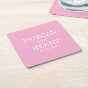 DESSOUS-DE-VERRE CARRÉ EN PAPIER NOM PERSONNALISÉ STYLE MODERNE ROSE MARIAGE