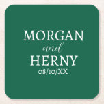 DESSOUS-DE-VERRE CARRÉ EN PAPIER NOM PERSONNALISÉ STYLE MODERNE VERT FONCÉ MARIAGE<br><div class="desc">NOM PERSONNALISÉ STYLE MODERNE ÉLÉGANT SOUS-TASSE EN PAPIER COULEUR VERT FONCÉ MARIAGE.</div>