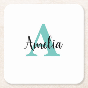 Dessous-de-verre Carré En Papier Nom personnalisé Turquoise Script Monogramme